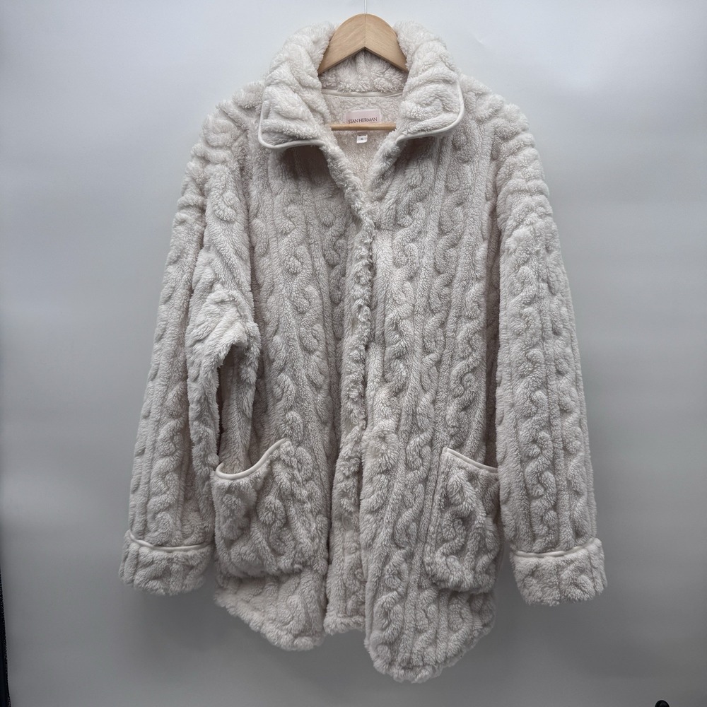 Stan Herman Cable-Pattern Sherpa Button Lounge Shacket Jacket Ivory Cream XL